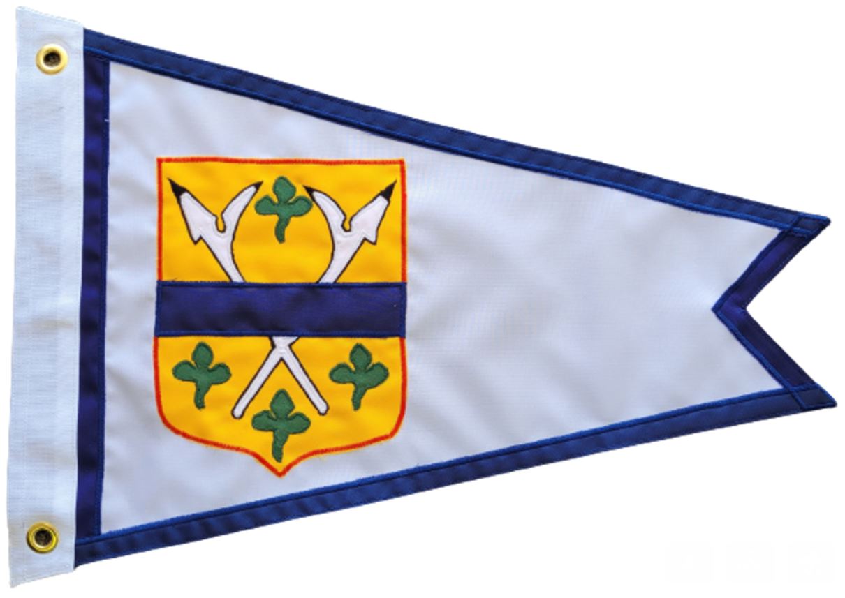 Custom SEWN Applique BURGEE: White pennant with a detailed yellow and blue emblem, made from double-layered 200 denier nylon and solid brass grommets.