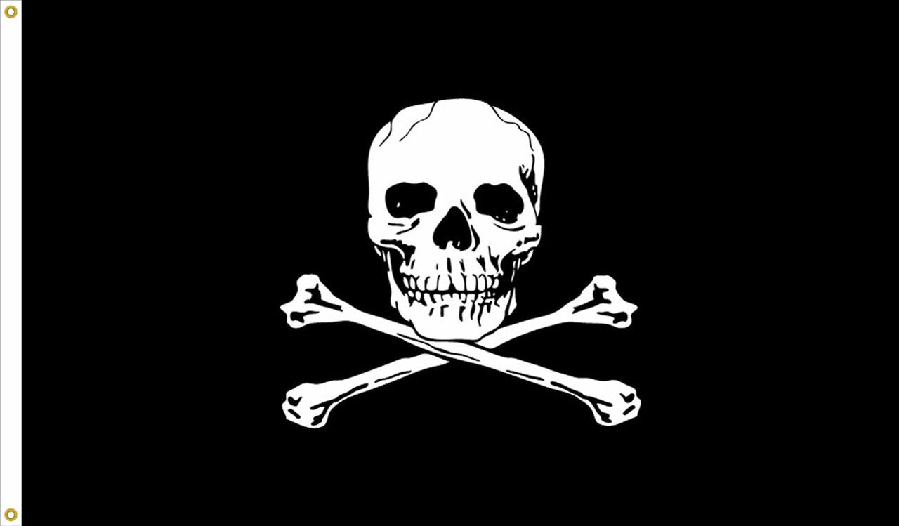 Jolly Roger Pirate Flag 12 x 18 Printed Nylon featuring a skull and crossbones design, with canvas header and brass grommets for durability.