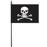 Jolly Roger Pirate Stick Flag 4 x 6 with skull and crossbones on black, mounted on 10.5 plastic stick with gold spear finial for desktop use.