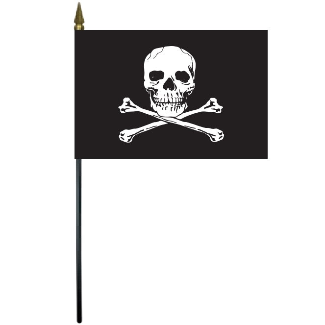 Jolly Roger Pirate Stick Flag 4 x 6 with skull and crossbones on black, mounted on 10.5 plastic stick with gold spear finial for desktop use.