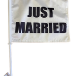 Just Married Car Window Flag, 11x14 double-sided polyester, durable, white with black text, includes a bracket for car window display.