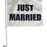 Just Married Car Window Flag, 11x14 double-sided polyester, durable, white with black text, includes a bracket for car window display.