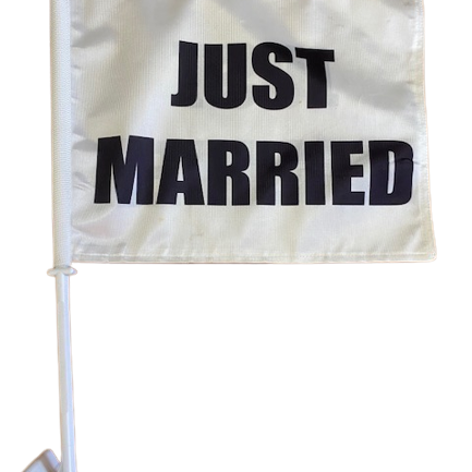 Just Married Car Window Flag, 11x14 double-sided polyester, durable, white with black text, includes a bracket for car window display.