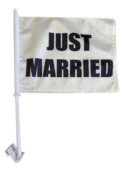 Just Married Car Window Flag, 11x14 double-sided polyester, durable, white with black text, includes a bracket for car window display.