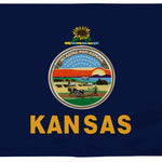 Kansas State Flag 4' x 6' Printed Nylon featuring a blue background with a state emblem, farm logo, and yellow lettering. Ideal for indoor or outdoor use.