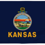 Kansas State Flag 4' x 6' Printed Nylon featuring a blue background with a state emblem, farm logo, and yellow lettering. Ideal for indoor or outdoor use.