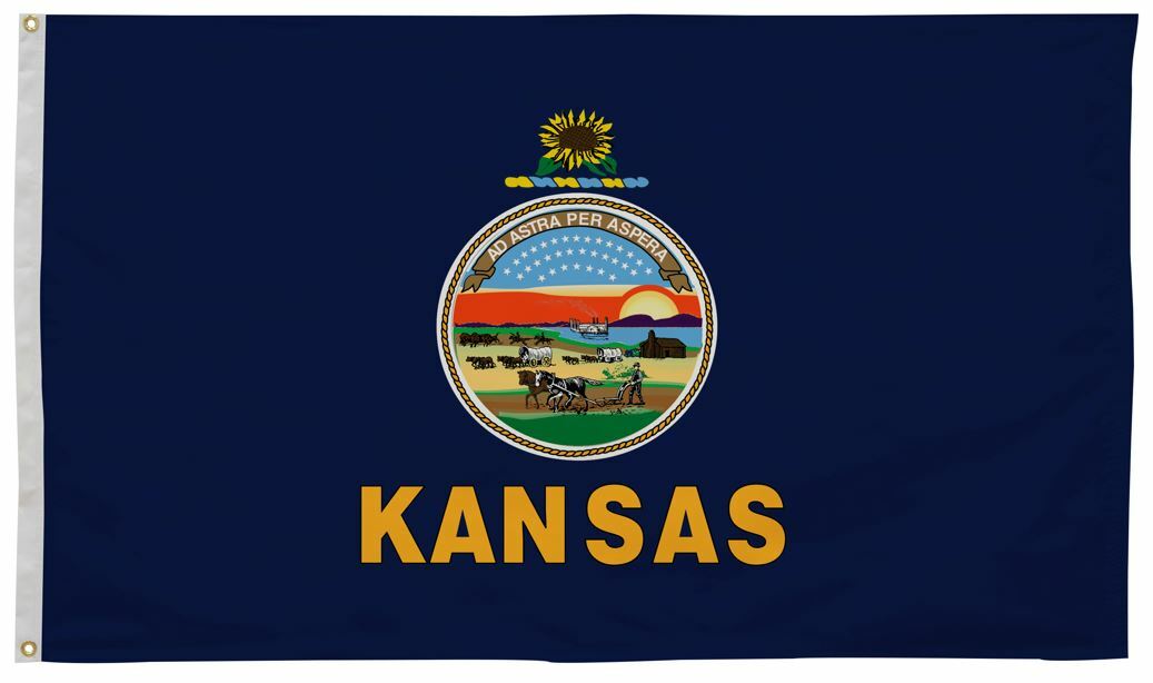 Kansas State Flag 4' x 6' Printed Nylon featuring a blue background with a state emblem, farm logo, and yellow lettering. Ideal for indoor or outdoor use.