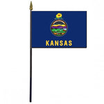 Kansas Stick Flag - 4 x 6 Desktop Flag featuring a blue flag with a sunflower emblem, mounted on a 10.5 plastic stick with a gold spear finial.