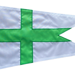 Custom SEWN Applique BURGEE featuring a white and green flag with a green cross, made from double-layered nylon with brass grommets.