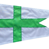 Custom SEWN Applique BURGEE featuring a white and green flag with a green cross, made from double-layered nylon with brass grommets.