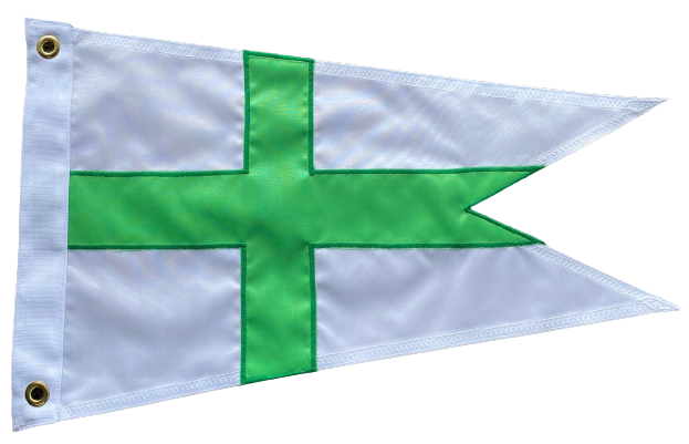 Custom SEWN Applique BURGEE featuring a white and green flag with a green cross, made from double-layered nylon with brass grommets.