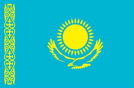 Kazakstan Flag Printed Nylon 3' x 5', featuring a blue field with a yellow sun and wings design, durable for outdoor use with brass grommets.