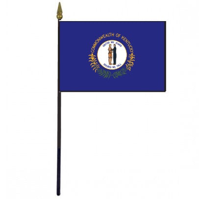 Kentucky Stick Flag - 4 x 6 Desktop Flag with gold spear finial, mounted on a 10.5 plastic stick, featuring a detailed flag design.