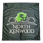 Custom PRINTED Nylon FLAG featuring white text and a tree design on black fabric. Ideal for promoting organizations, businesses, or personal use.