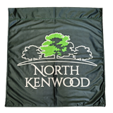 Custom PRINTED Nylon FLAG featuring white text and a tree design on black fabric. Ideal for promoting organizations, businesses, or personal use.