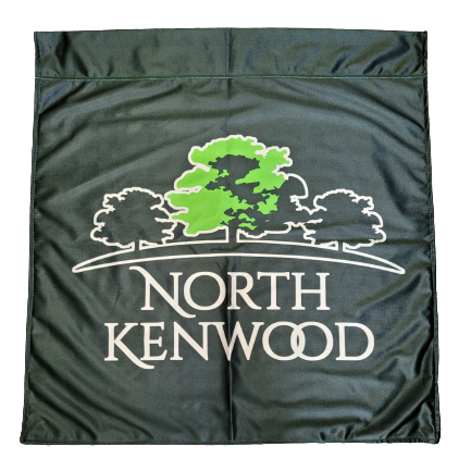 Custom PRINTED Nylon FLAG featuring white text and a tree design on black fabric. Ideal for promoting organizations, businesses, or personal use.