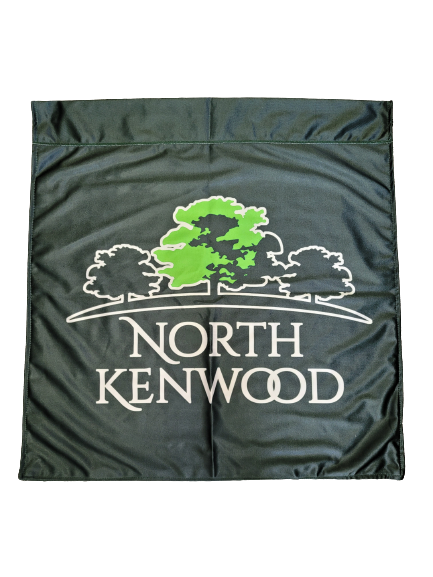 Custom PRINTED Nylon FLAG featuring white text and a tree design on black fabric. Ideal for promoting organizations, businesses, or personal use.