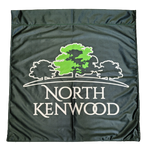 Custom PRINTED POLYESTER Corporate Flag featuring white text and green tree graphic on black fabric, perfect for brand marketing and promotional events.