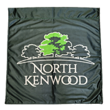 Custom PRINTED POLYESTER Corporate Flag featuring white text and green tree graphic on black fabric, perfect for brand marketing and promotional events.