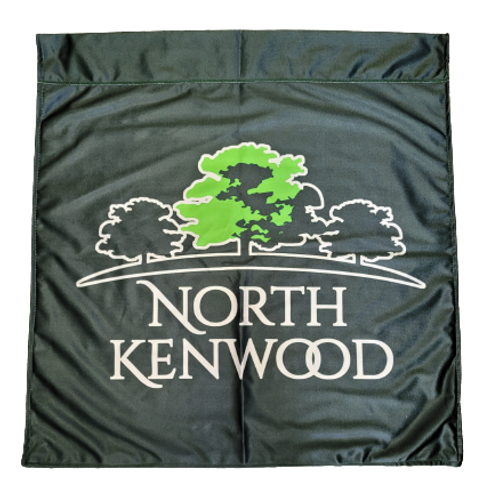 Custom PRINTED POLYESTER Corporate Flag featuring white text and green tree graphic on black fabric, perfect for brand marketing and promotional events.