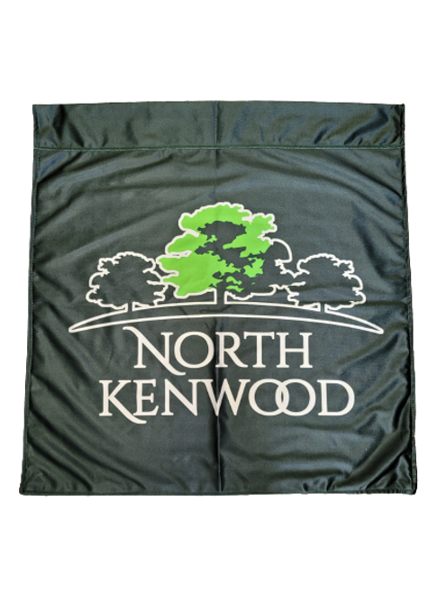 Custom PRINTED POLYESTER Corporate Flag featuring white text and green tree graphic on black fabric, perfect for brand marketing and promotional events.