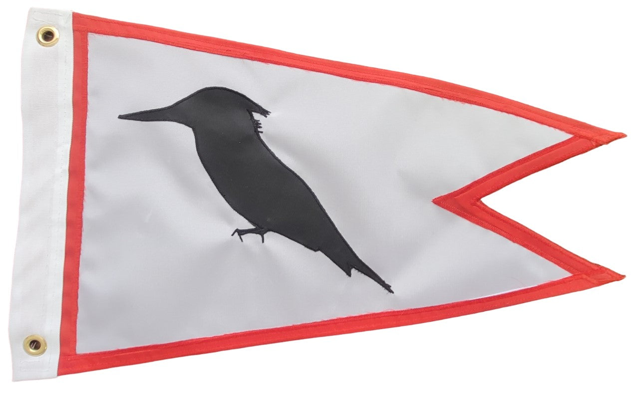 Custom SEWN Applique BURGEE featuring a black bird on a white surface, made with double-layered nylon, strong header, and brass grommets.