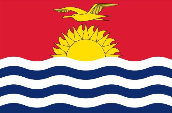 Kiribati Flag Printed Nylon 3' x 5' featuring a yellow bird and sun, blue and white waves, with strong canvas header and brass grommets.