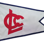 Custom SEWN Applique BURGEE featuring a red logo on a white flag, made from durable nylon with brass grommets for secure attachment.