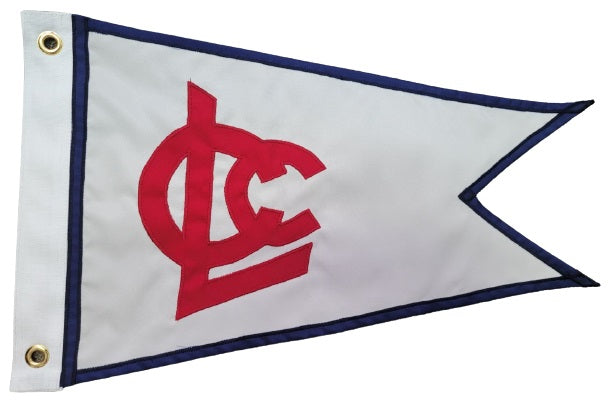 Custom SEWN Applique BURGEE featuring a red logo on a white flag, made from durable nylon with brass grommets for secure attachment.