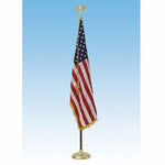 Deluxe US Indoor 3x5 ft American Flag Presentation Set with gold fringed flag, oak finish pole, eagle top, cord, tassels, and floor stand.