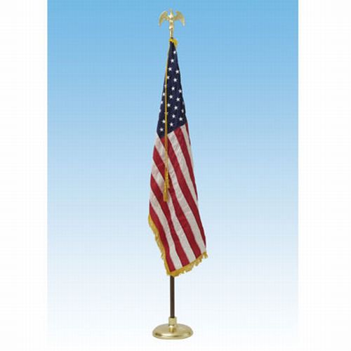 Deluxe US Indoor 3x5 ft American Flag Presentation Set with gold fringed flag, oak finish pole, eagle top, cord, tassels, and floor stand.