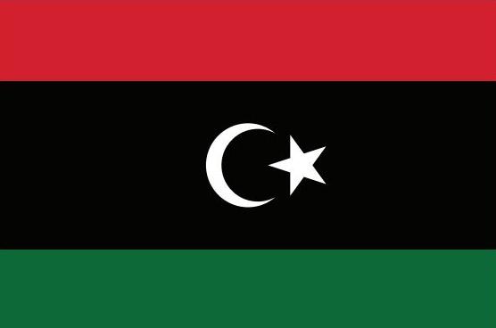 Libya Flag Printed Nylon 3' x 5' featuring a white crescent and star on a black background, designed for outdoor use with strong canvas header and brass grommets.