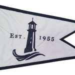 Custom SEWN Applique BURGEE, featuring a white flag with a lighthouse design and black text, made with durable 200 denier nylon and brass grommets.