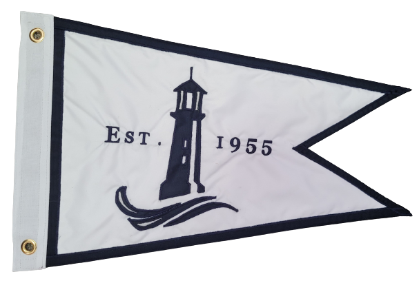 Custom SEWN Applique BURGEE, featuring a white flag with a lighthouse design and black text, made with durable 200 denier nylon and brass grommets.