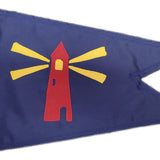 Custom SEWN Applique BURGEE featuring a blue flag with a red lighthouse design, made from double layered 200 denier nylon with solid brass grommets.