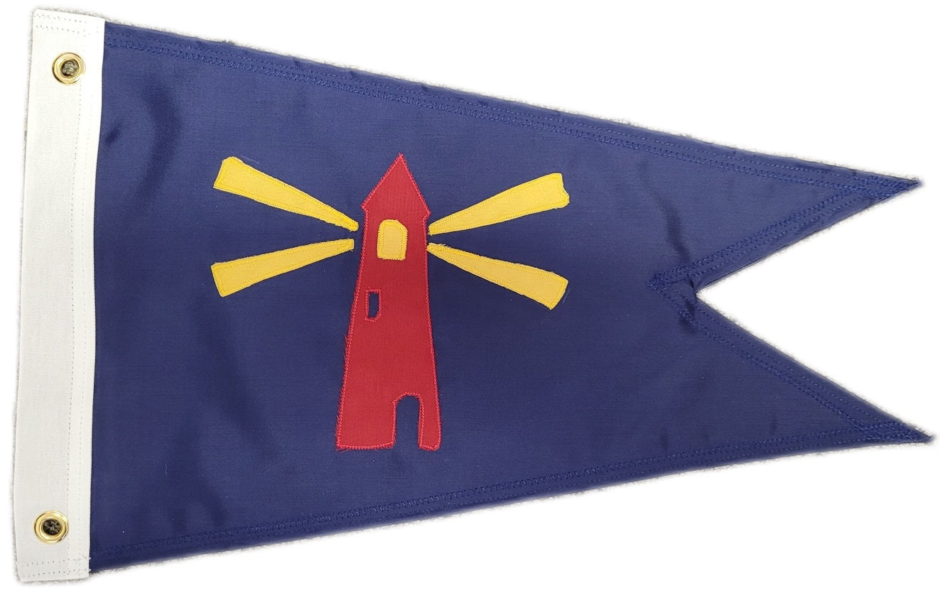 Custom SEWN Applique BURGEE featuring a blue flag with a red lighthouse design, made from double layered 200 denier nylon with solid brass grommets.