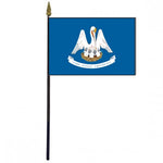 Louisiana Stick Flag - 4 x 6 Desktop Flag featuring a pelican and baby birds, mounted on a 10.5 plastic stick with a gold spear finial.