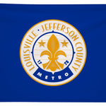 City of Louisville Flag Printed Nylon 3' x 5', featuring a yellow fleur-de-lis and logo, designed for durability with canvas header and brass grommets.