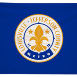 City of Louisville Flag Printed Nylon 3' x 5', featuring a yellow fleur-de-lis and logo, designed for durability with canvas header and brass grommets.