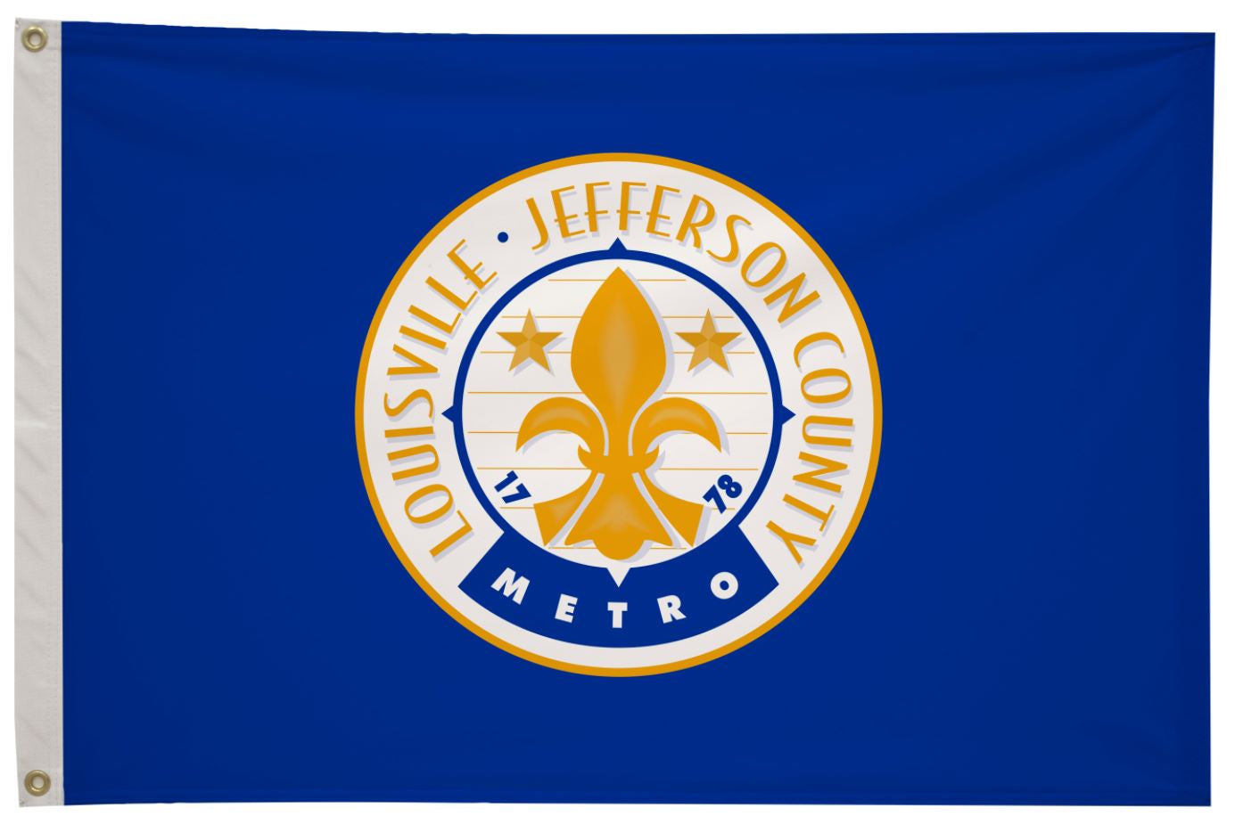 City of Louisville Flag Printed Nylon 3' x 5', featuring a yellow fleur-de-lis and logo, designed for durability with canvas header and brass grommets.