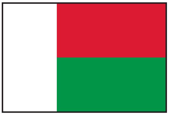 Madagascar Flag Printed Nylon 3' x 5' with strong canvas header, two brass grommets, and four rows of lock-stitching for durability, suitable for indoor or outdoor use.