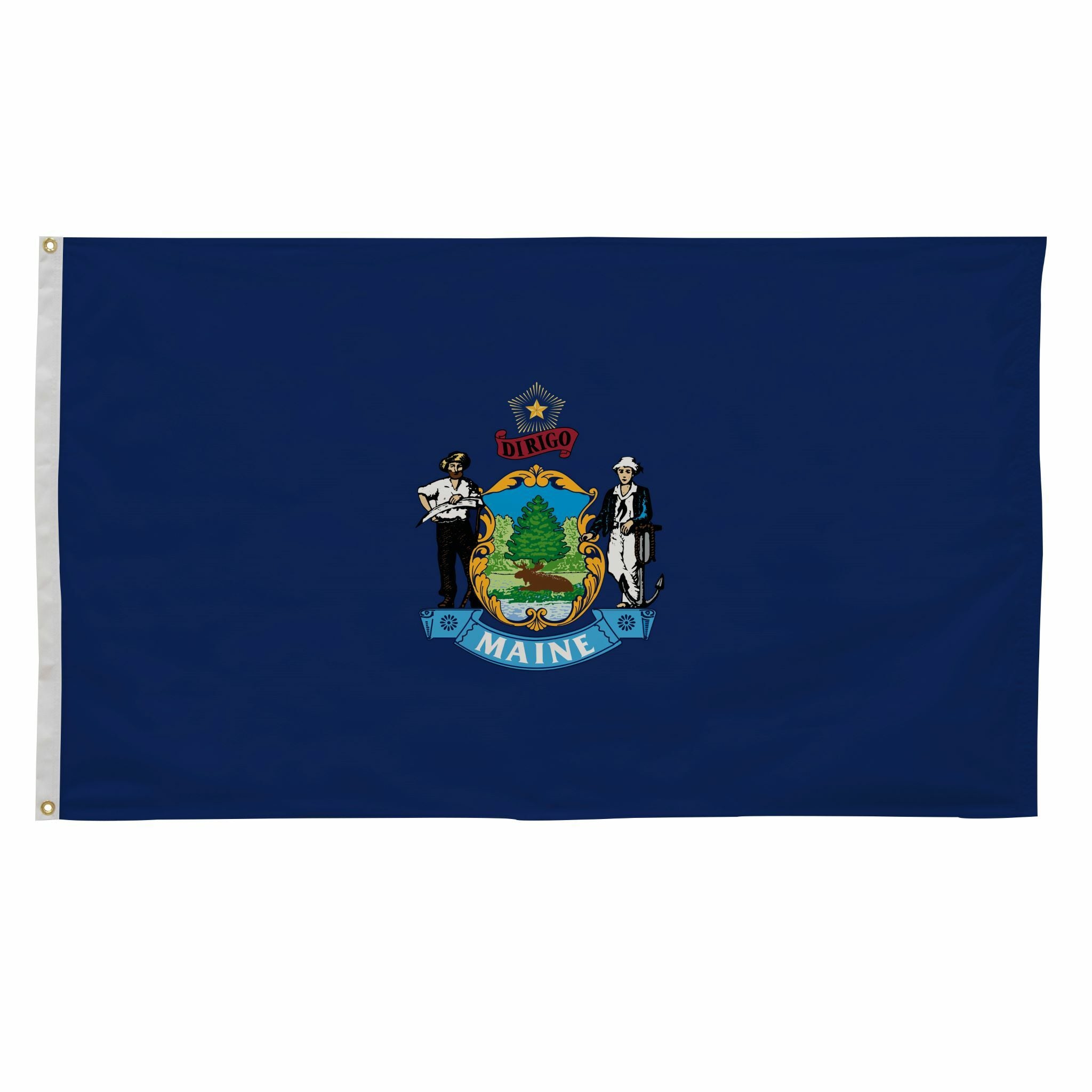 Maine State Flag 3' x 5' Printed Nylon: Features official design, canvas header, brass grommets, UV-resistant nylon, and four-row lock-stitching for durability. Suitable for outdoor use.