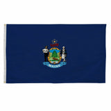 Maine State Flag 4' x 6' Printed Nylon featuring a blue emblem, strong canvas header, brass grommets, and UV resistant nylon for outdoor use.