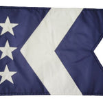 Custom SEWN Personalized Flags: Close-up of a blue and white flag with a white star, showcasing quality stitching and durable fabric.