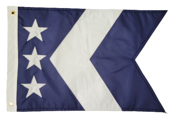 Custom SEWN Personalized Flags: Close-up of a blue and white flag with a white star, showcasing quality stitching and durable fabric.