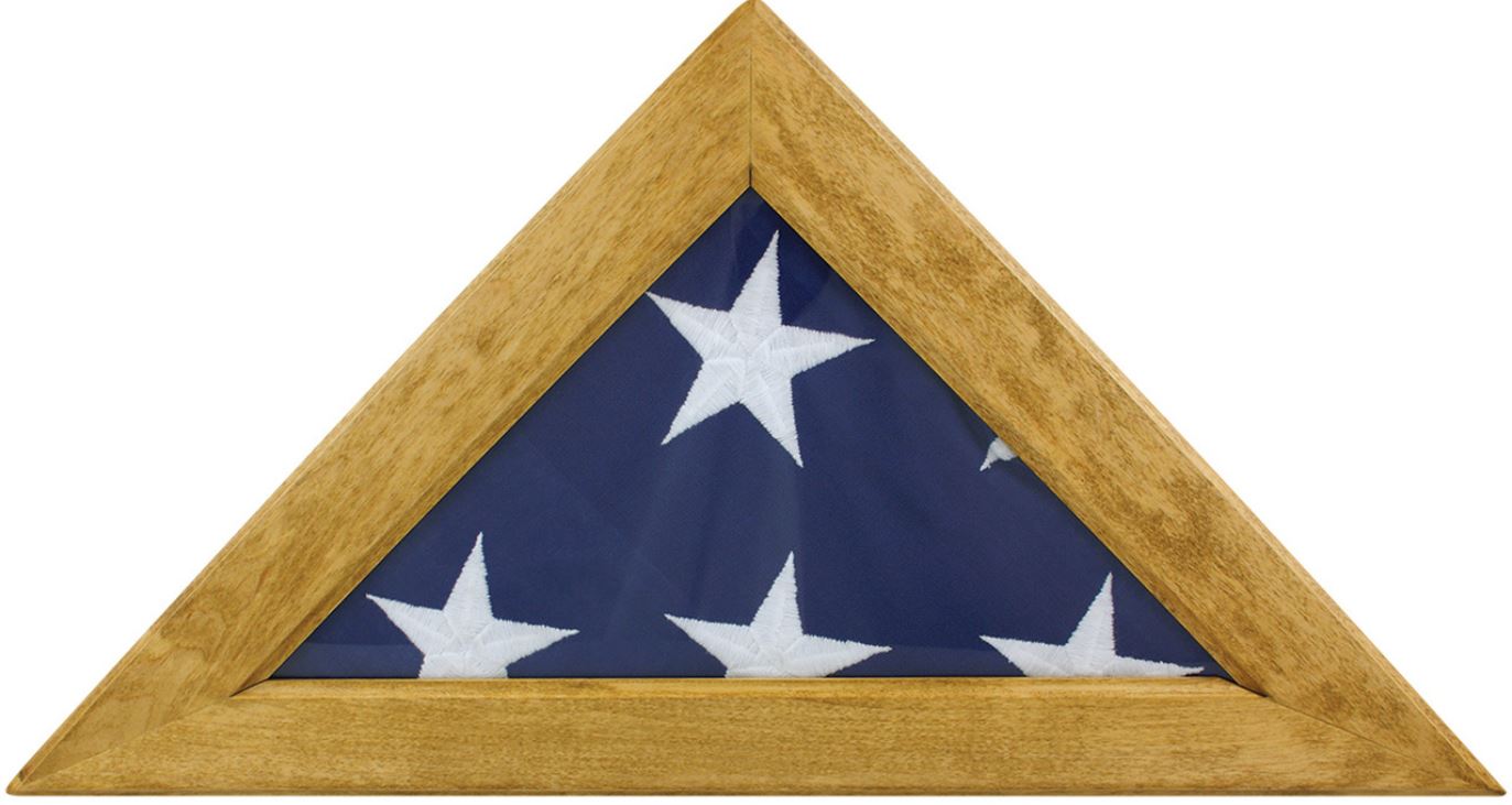 US Flag Memorial MAPLE Case for 5' x 9.5' US Flag, featuring a triangle-shaped wooden frame with a removable back panel and plexiglass front.