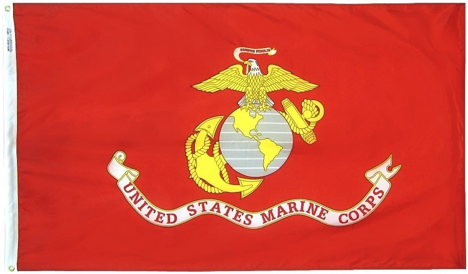 US Marine Corps Printed Nylon 4' x 6' Flag featuring a gold eagle atop a globe, made to official military specifications with brass grommets.