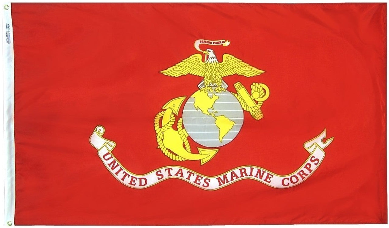 US Marine Corps Printed Flag featuring an eagle and globe emblem, made of heavyweight nylon with a strong canvas header and solid brass grommets.