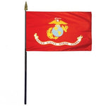 US Marines Stick Flag 4 x 6 with gold emblem, mounted on a 10.5 plastic stick with a gold spear finial.