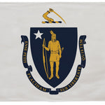 Massachusetts State Flag 3' x 5' Printed Nylon featuring a blue and yellow emblem with a man holding a spear; includes brass grommets for outdoor use.